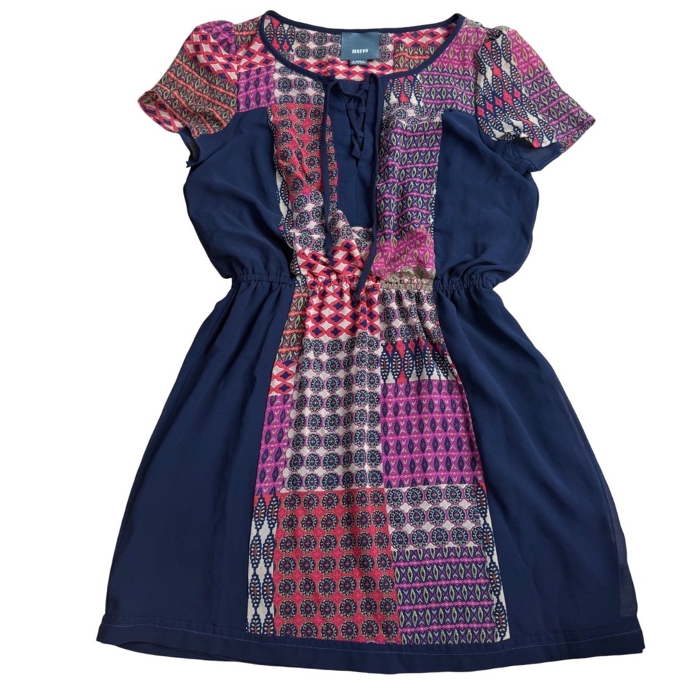 Maeve Anthropologie Patchwork Mini Dress Women XS Navy Boho Office Casual Tribal